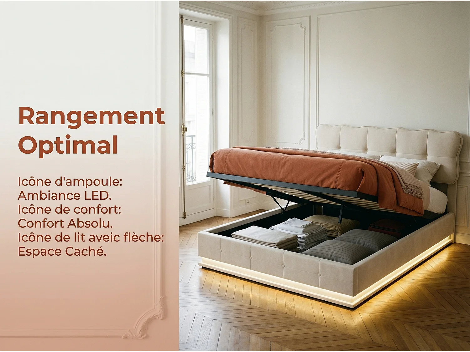 Lit coffre 160x200 cm - Lit rembourré velours Beige -avec LED - Sommier à lattes en bois