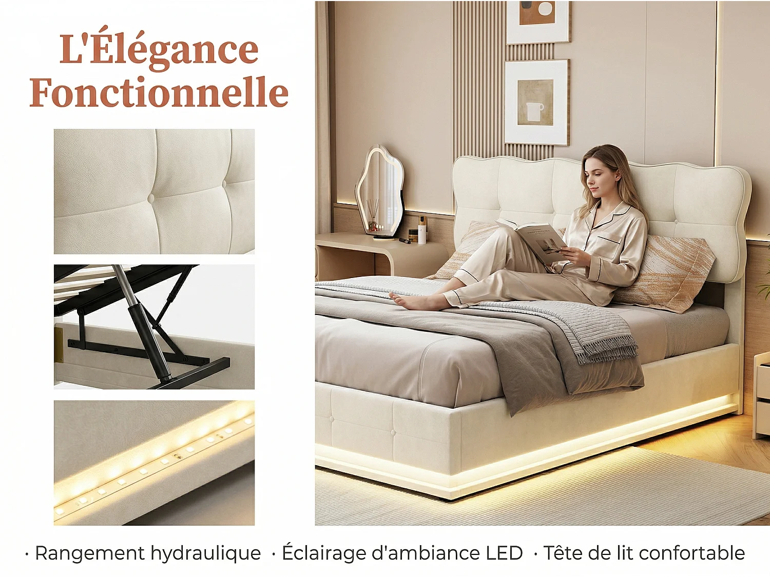Lit coffre 160x200 cm - Lit rembourré velours Beige -avec LED - Sommier à lattes en bois