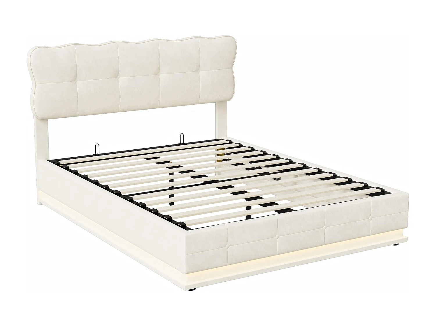 Lit coffre 160x200 cm - Lit rembourré velours Beige -avec LED - Sommier à lattes en bois