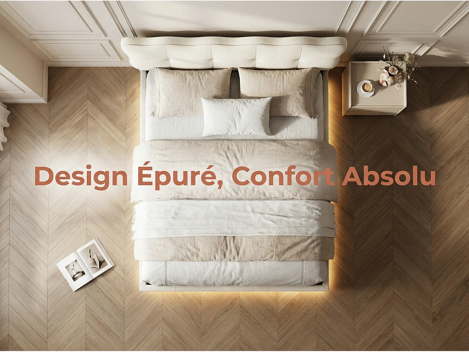 Lit coffre 160x200 cm - Lit rembourré velours Beige -avec LED - Sommier à lattes en bois