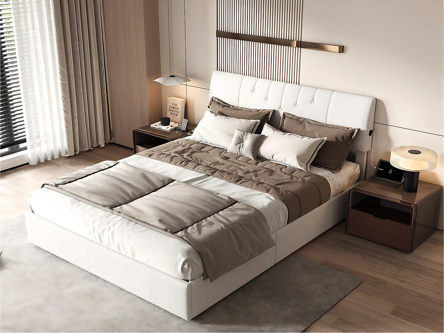 Lit coffre 140x190 cm velours teddy avec LED et USB, cadre de lit rembourré gris, rangement hydraulique, sommier à lattes