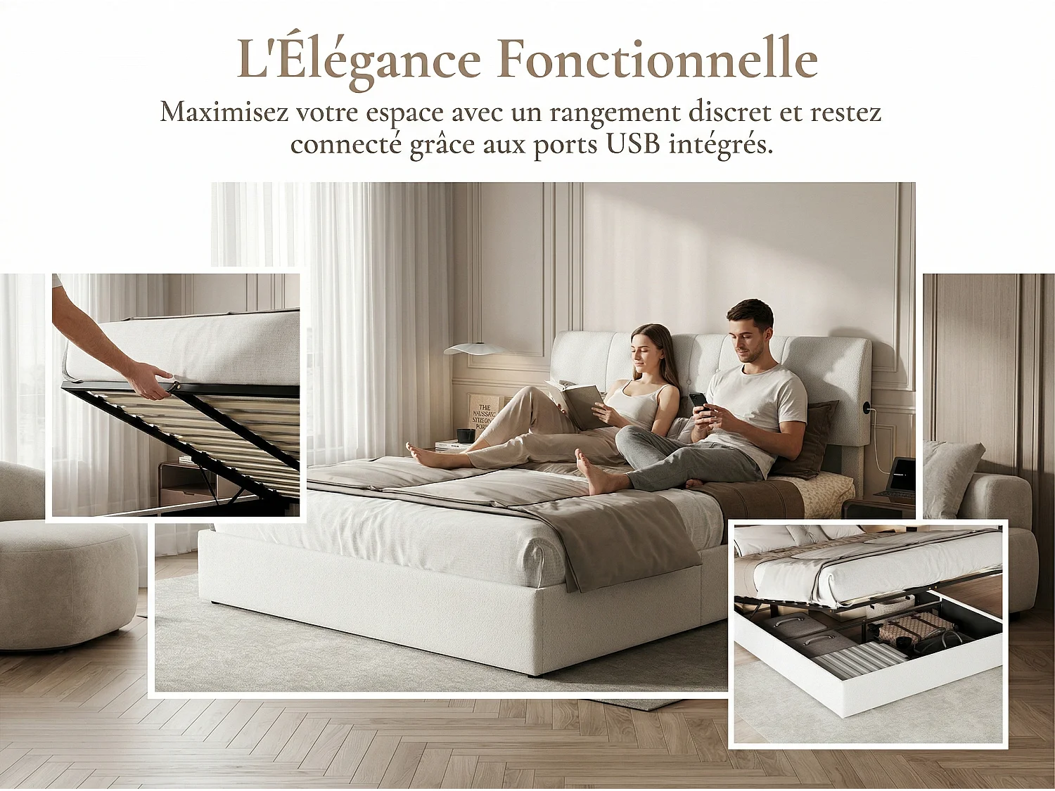 Lit coffre 140x190 cm velours teddy avec LED et USB, cadre de lit rembourré gris, rangement hydraulique, sommier à lattes