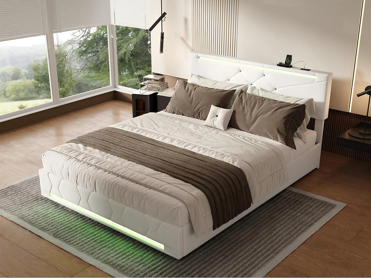 Lit coffre 160x200 cm avec LED, cadre de lit en tissu lin capitonné, rangement hydraulique, sommier à lattes, design moderne