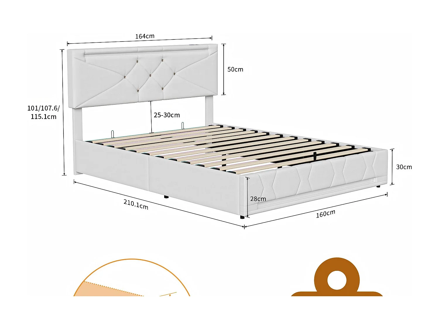 Lit coffre 160x200 cm avec LED, cadre de lit en tissu lin capitonné, rangement hydraulique, sommier à lattes, design moderne