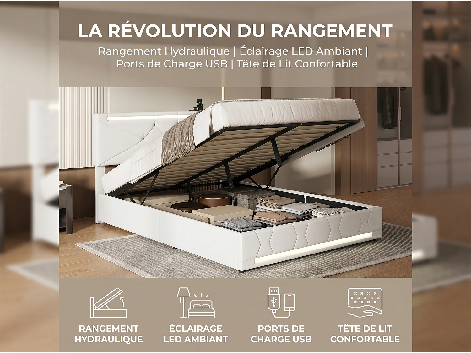 Lit coffre 160x200 cm -avec LED, cadre de lit en tissu lin capitonné, sommier à lattes, design moderne
