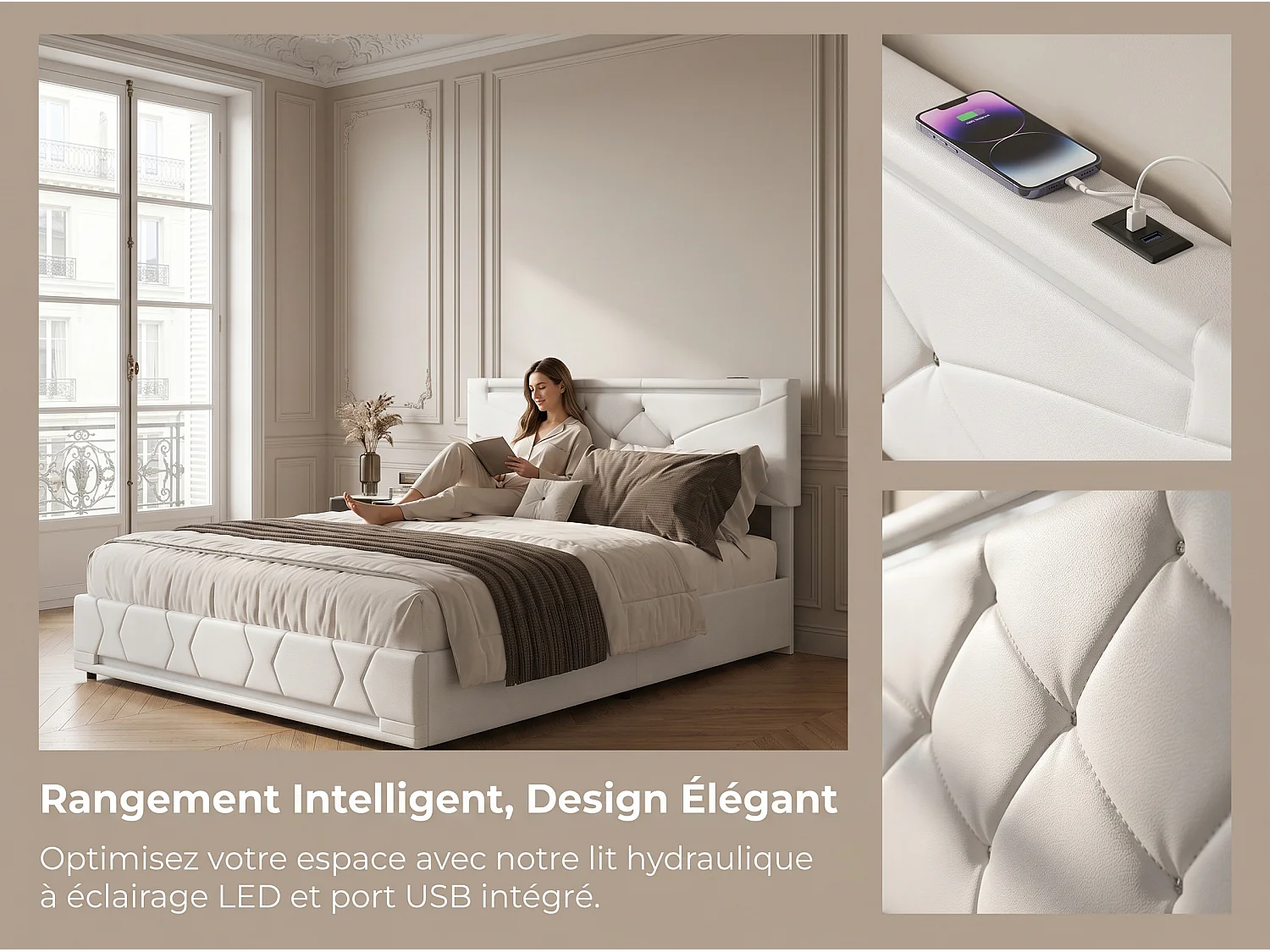 Lit coffre 160x200 cm -avec LED, cadre de lit en tissu lin capitonné, sommier à lattes, design moderne