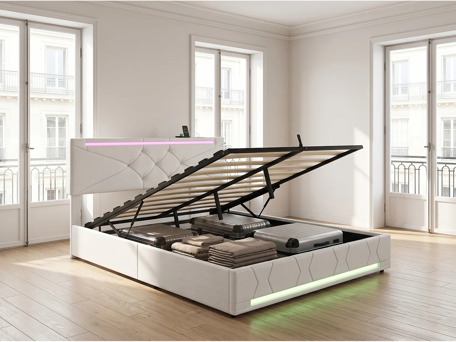 Lit coffre 160x200 cm -avec LED, cadre de lit en tissu lin capitonné, sommier à lattes, design moderne