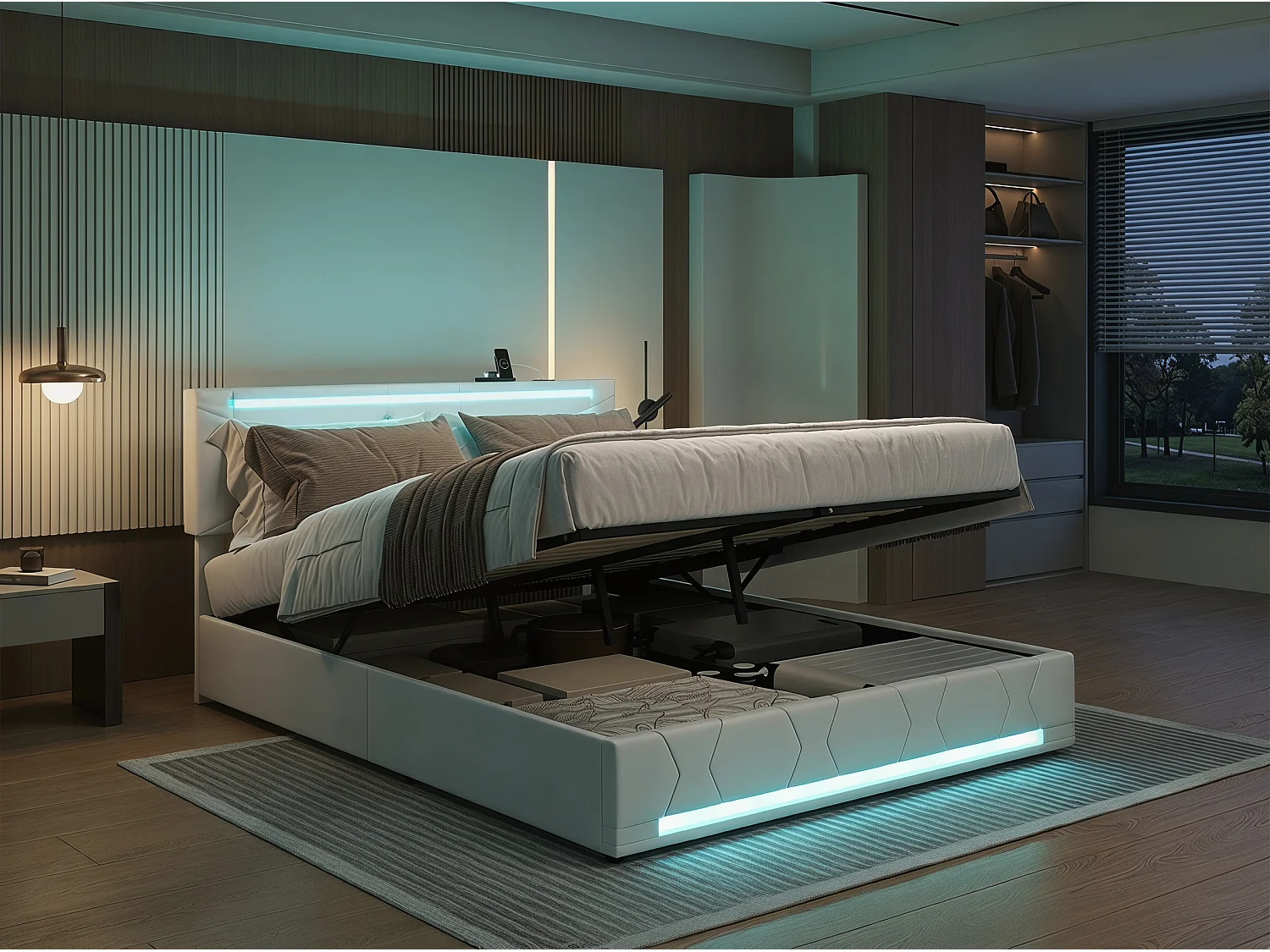 Lit coffre 160x200 cm -avec LED, cadre de lit en tissu lin capitonné, sommier à lattes, design moderne