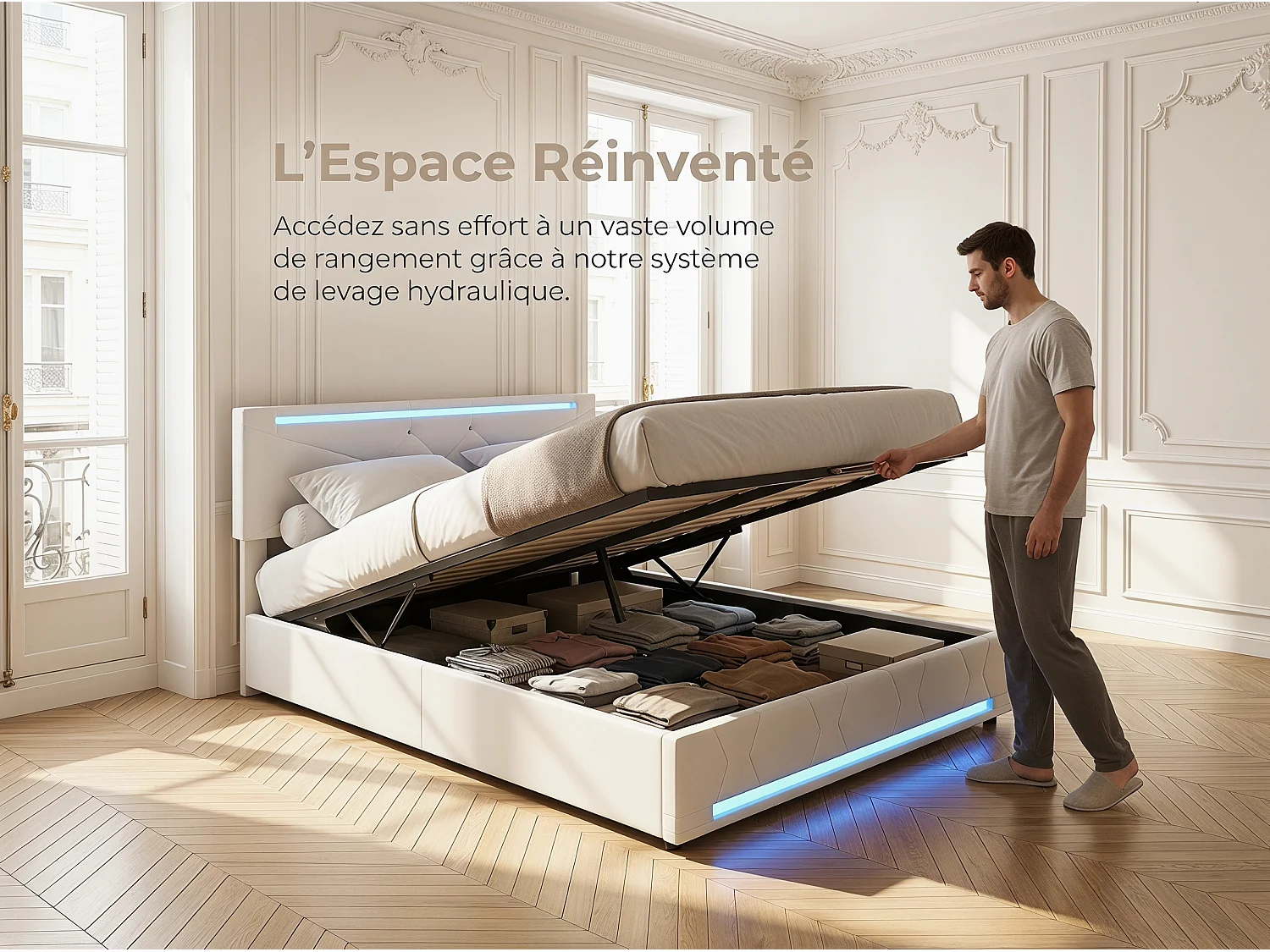 Lit coffre 160x200 cm -avec LED, cadre de lit en tissu lin capitonné, sommier à lattes, design moderne