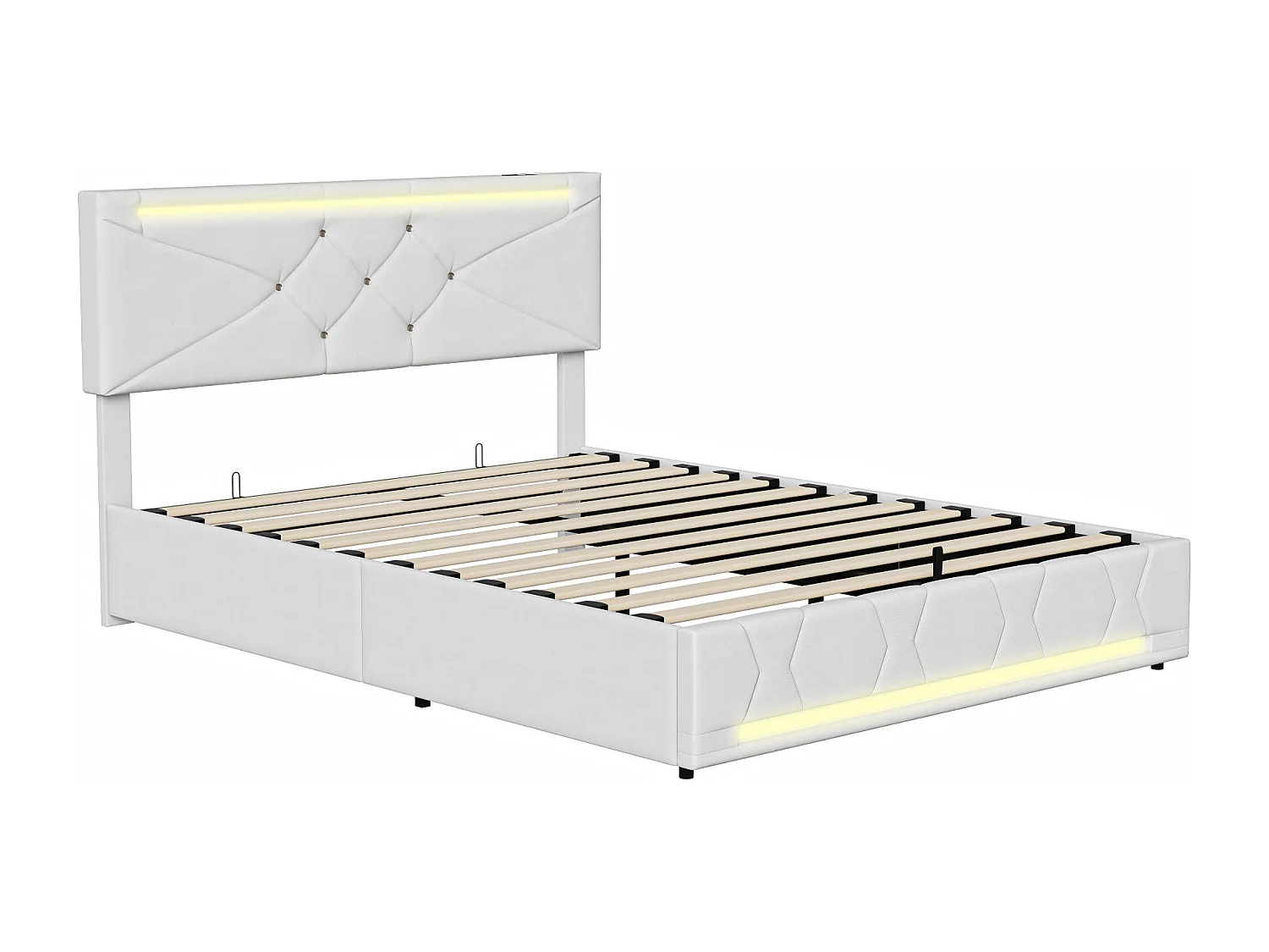 Lit coffre 160x200 cm -avec LED, cadre de lit en tissu lin capitonné, sommier à lattes, design moderne