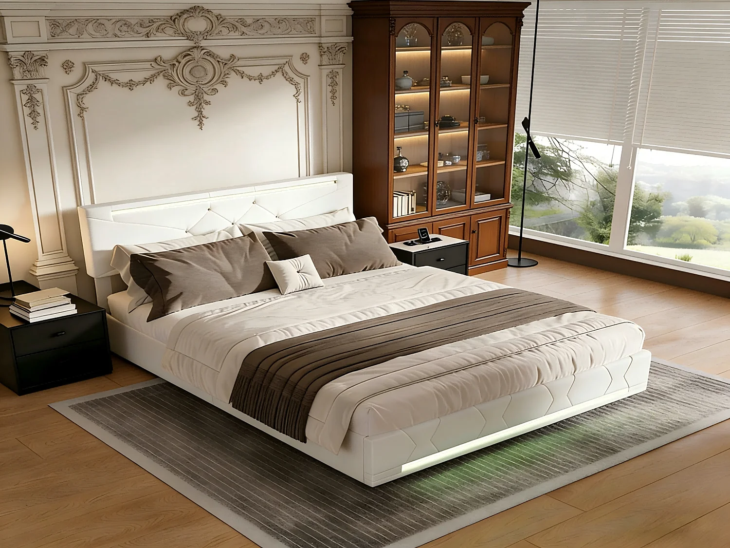 Lit coffre 160x200 cm avec LED, cadre de lit en tissu lin capitonné, rangement hydraulique, sommier à lattes, design moderne