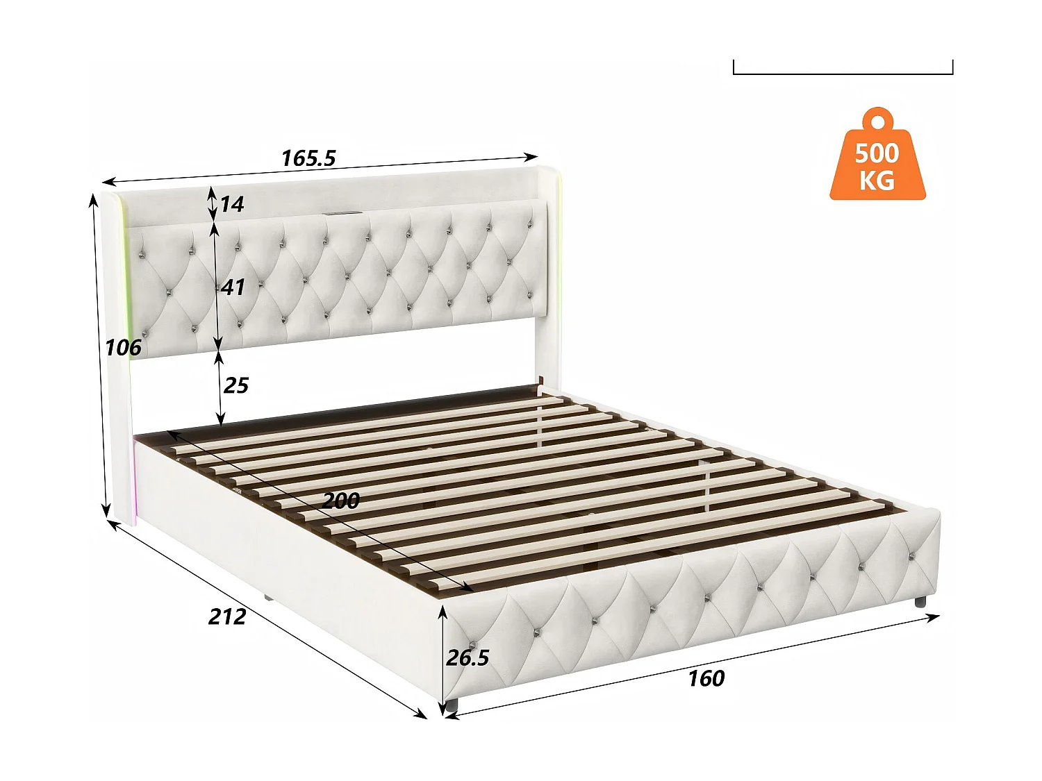 Lit coffre 160x200 cm - Lit capitonné velours beige avec LED et USB/Type-C - Sommier relevable - rangement