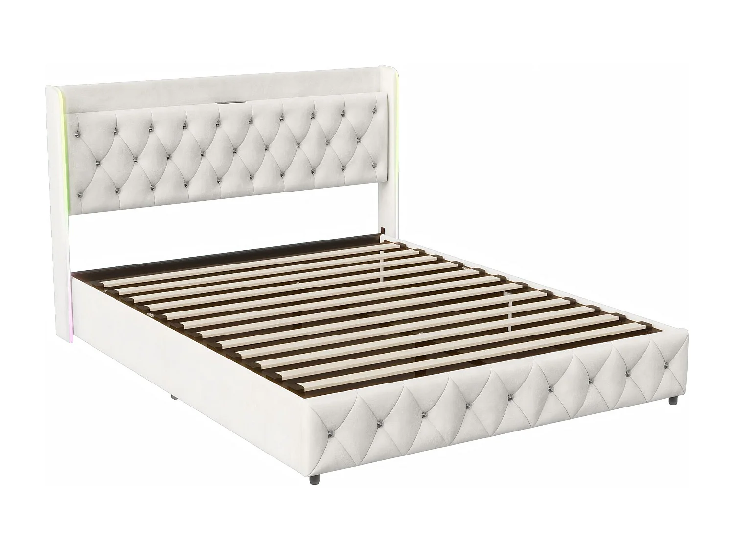 Lit coffre 160x200 cm - Lit capitonné velours beige avec LED et USB/Type-C - Sommier relevable - rangement
