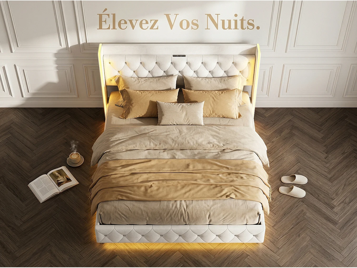 Lit coffre 160x200 cm - Lit capitonné velours beige avec LED et USB/Type-C - Sommier relevable - rangement