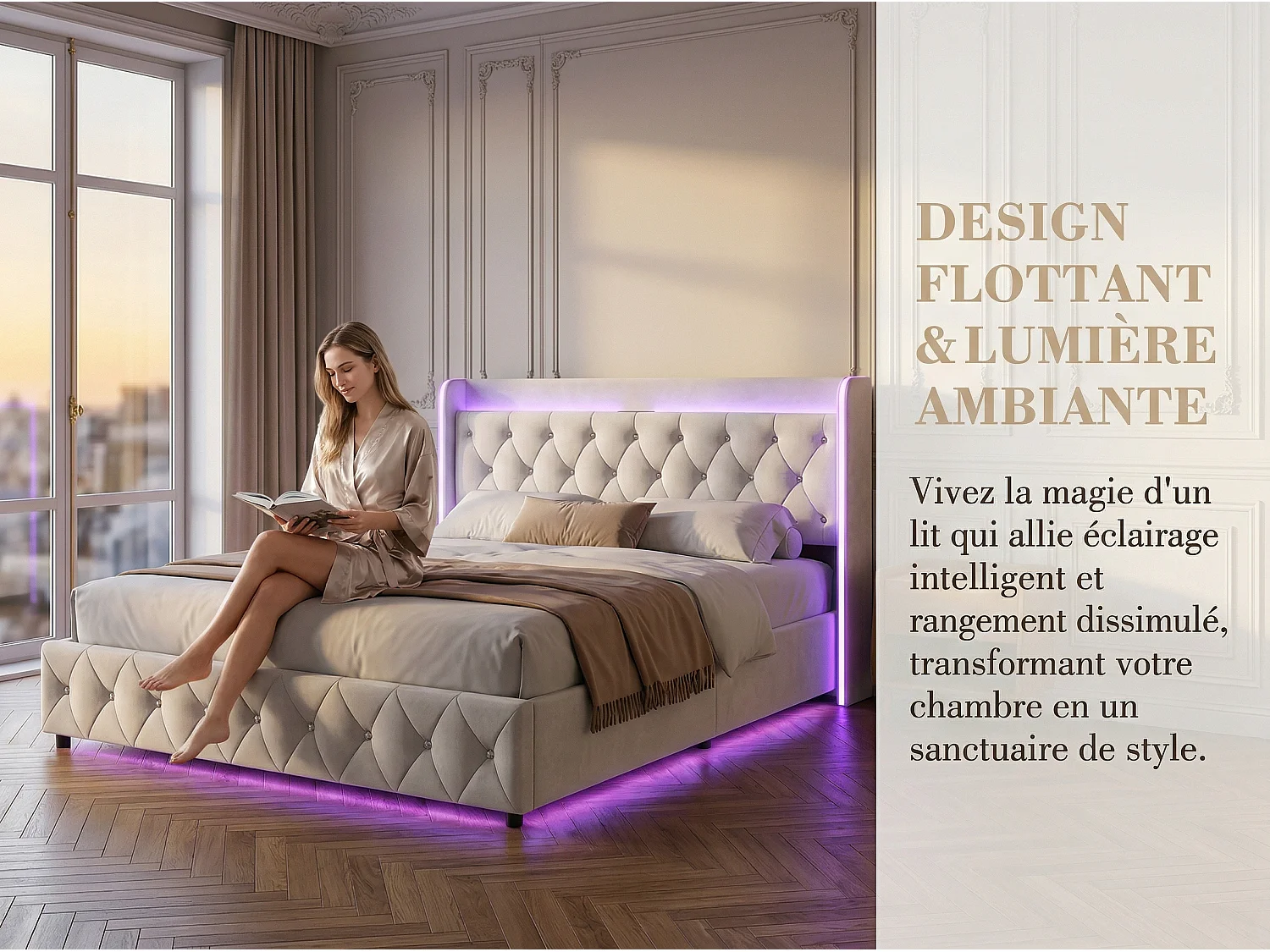 Lit coffre 160x200 cm - Lit capitonné velours beige avec LED et USB/Type-C - Sommier relevable - rangement
