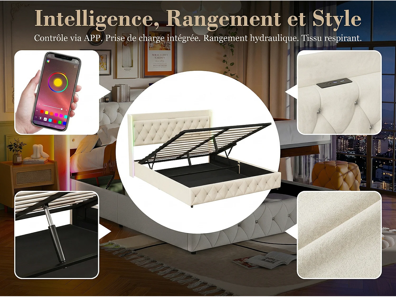 Lit coffre 160x200 cm - Lit capitonné velours beige avec LED et USB/Type-C - Sommier relevable - rangement