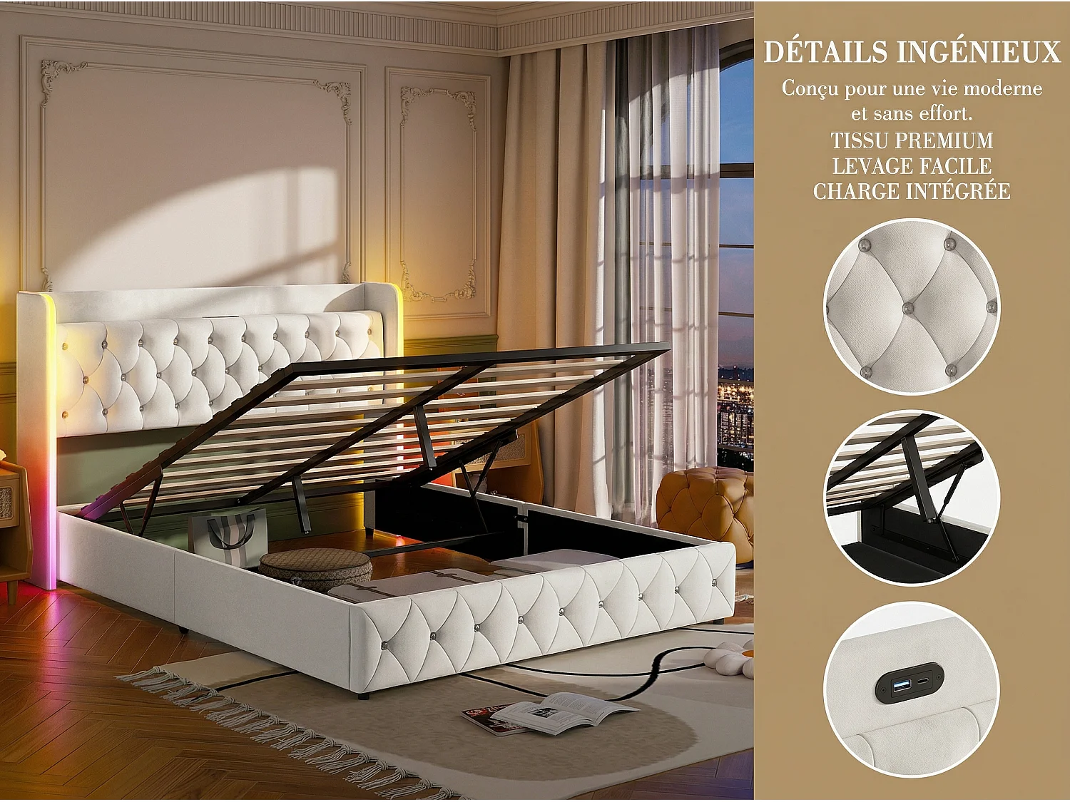 Lit coffre 160x200 cm - Lit capitonné velours beige avec LED et USB/Type-C - Sommier relevable - rangement
