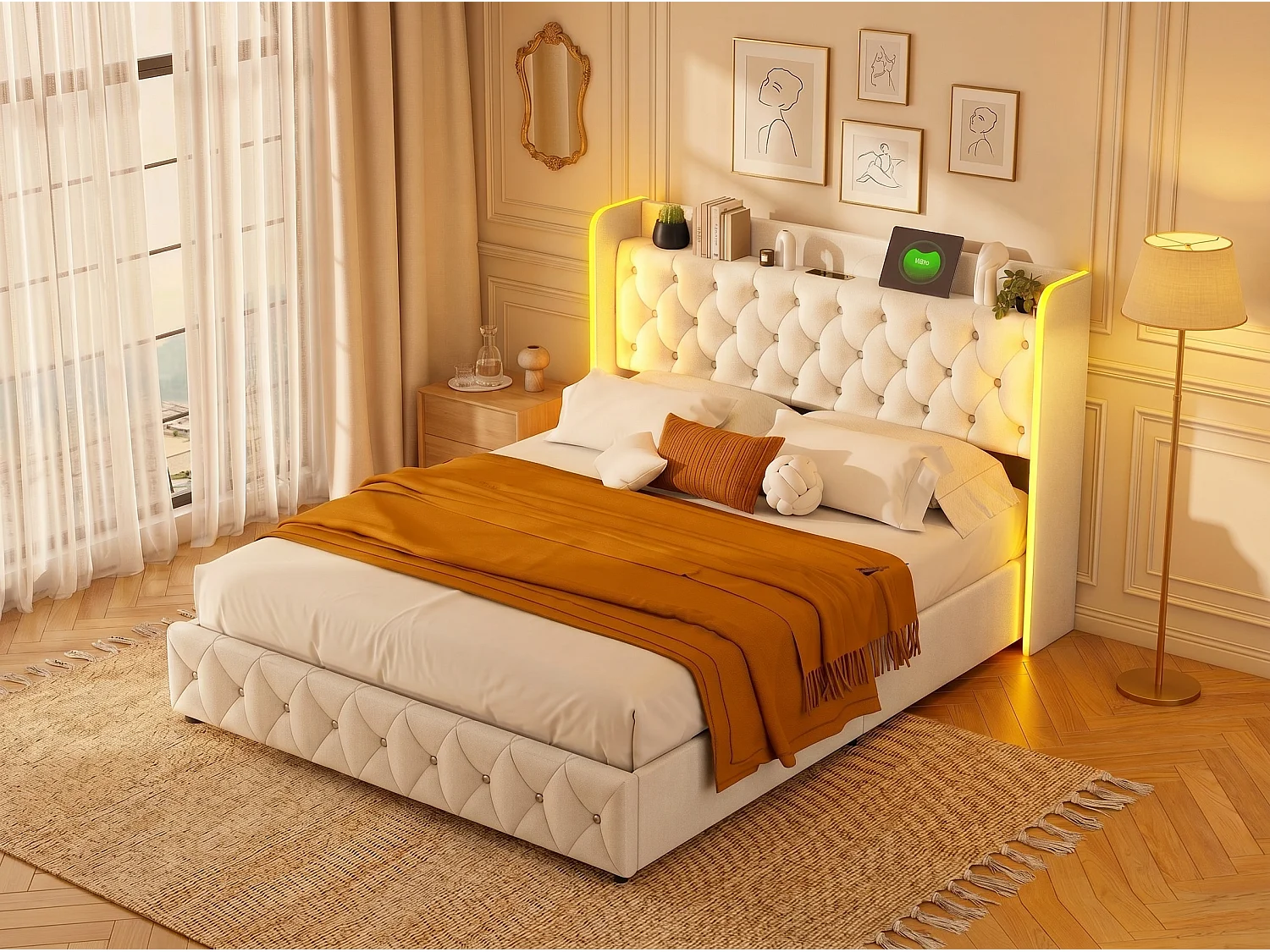 Lit coffre 160x200 cm - Lit capitonné velours beige avec LED et USB/Type-C - Sommier relevable - rangement