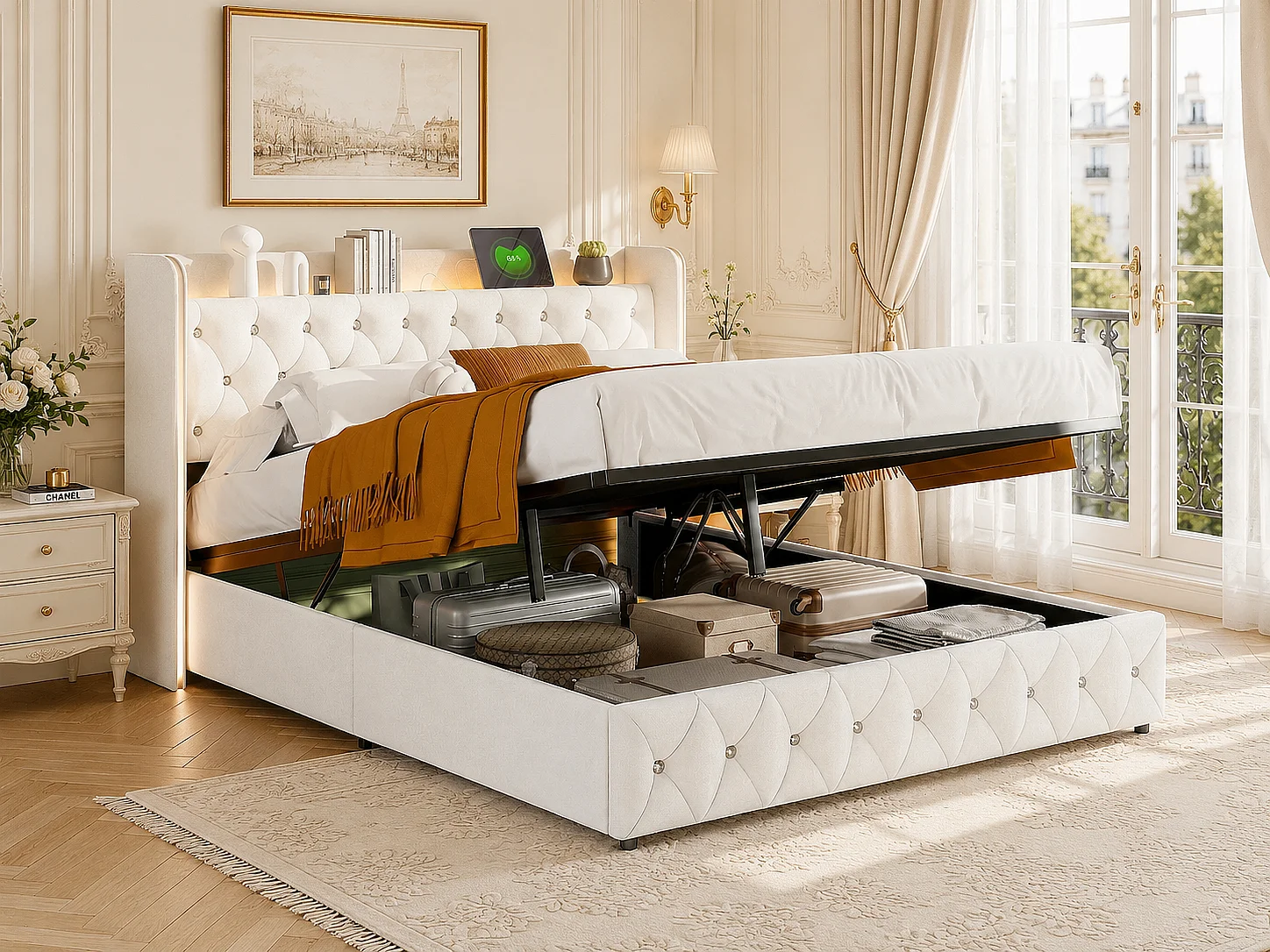 Lit coffre 160x200 cm - Lit rembourré velours Beige avec LED et USB/Type-C - Sommier à lattes en bois - rangement