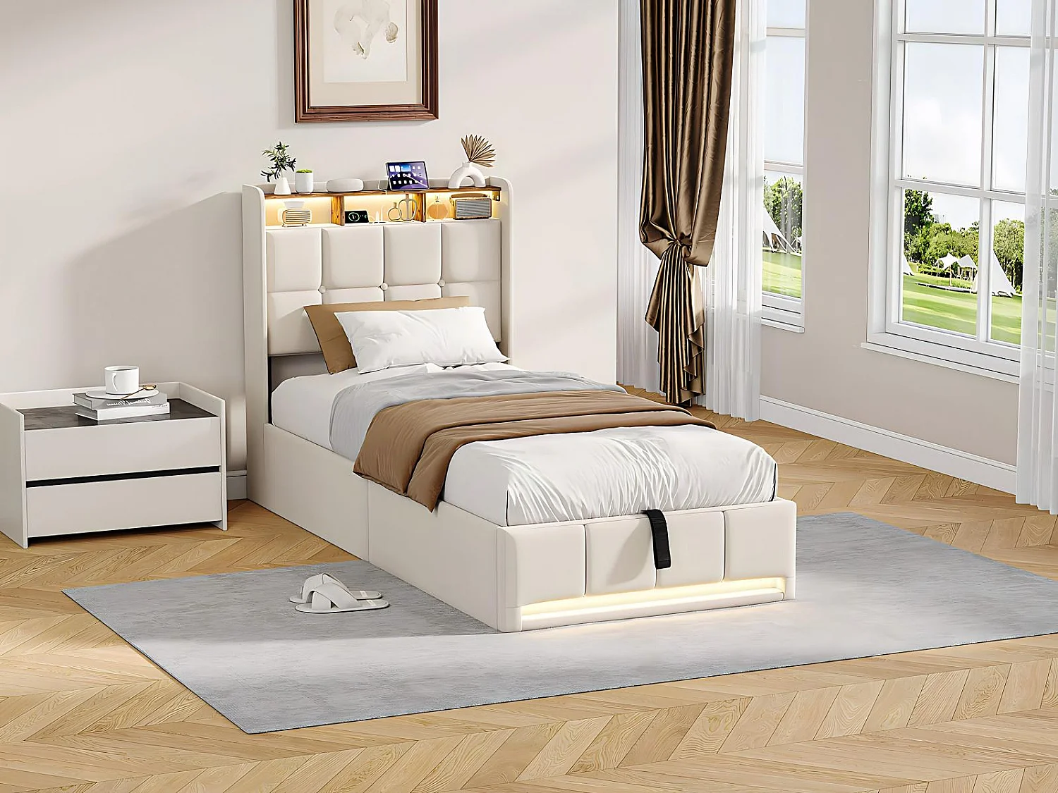 Lit coffre tissu lin avec LED et USB Type-C, lit double avec rangement tête de lit, design moderne