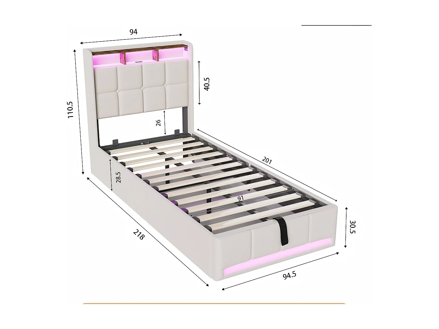 Lit coffre tissu lin avec LED et USB Type-C, lit double avec rangement tête de lit, design moderne