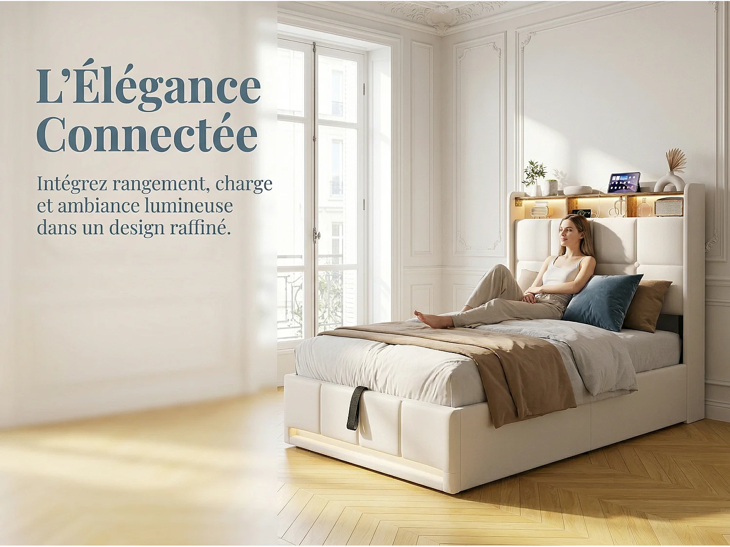 Lit coffre tissu lin avec LED et USB Type-C, lit double avec rangement tête de lit, design moderne