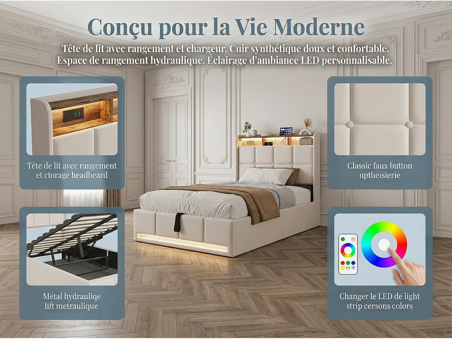 Lit coffre tissu lin avec LED et USB Type-C, lit double avec rangement tête de lit, design moderne