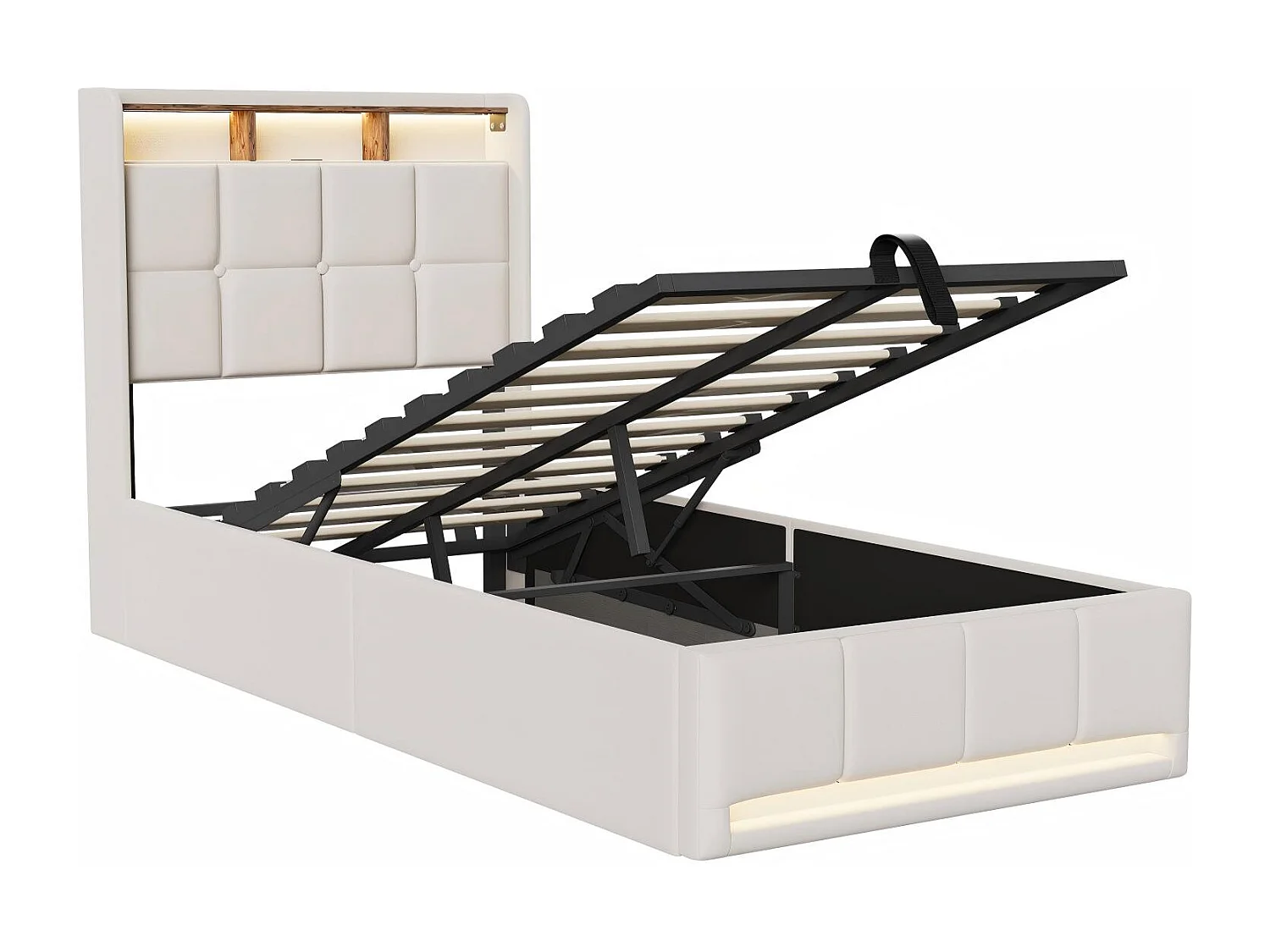 Lit coffre tissu lin avec LED et USB Type-C, lit double avec rangement tête de lit, design moderne