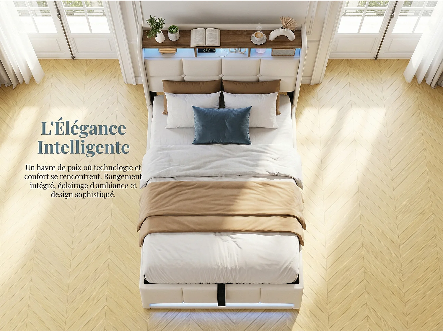 Lit coffre 90x200 cm beige avec LED USB, tête de lit rangement et sommier à lattes, lit double rembourré