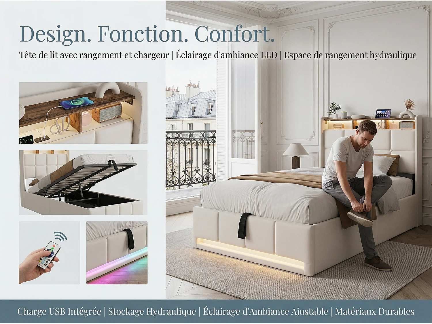 Lit coffre 90x200 cm beige avec LED USB, tête de lit rangement et sommier à lattes, lit double rembourré