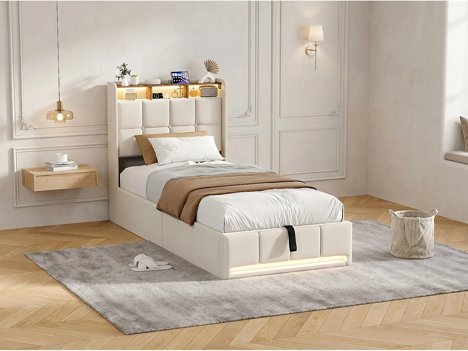 Lit coffre 90x200 cm beige avec LED USB, tête de lit rangement et sommier à lattes, lit double rembourré
