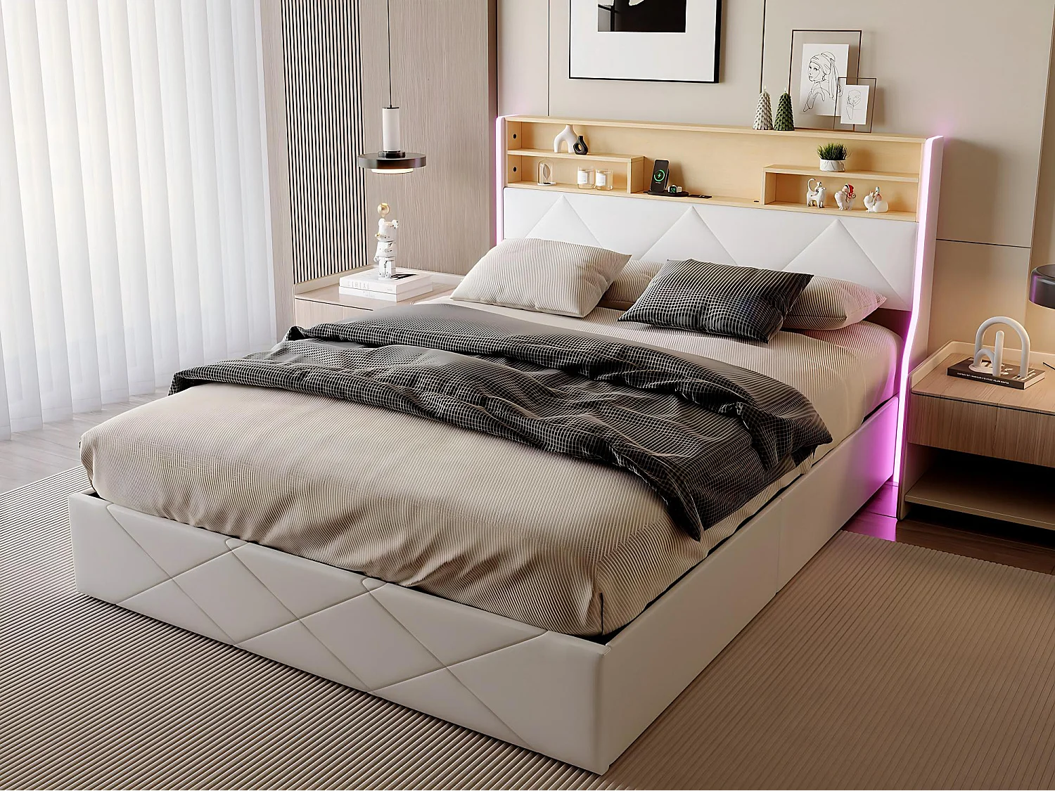 Lit coffre avec LED et USB, lit rembourré cuir, tête de lit avec rangement, design moderne, 140x200 / 160x200