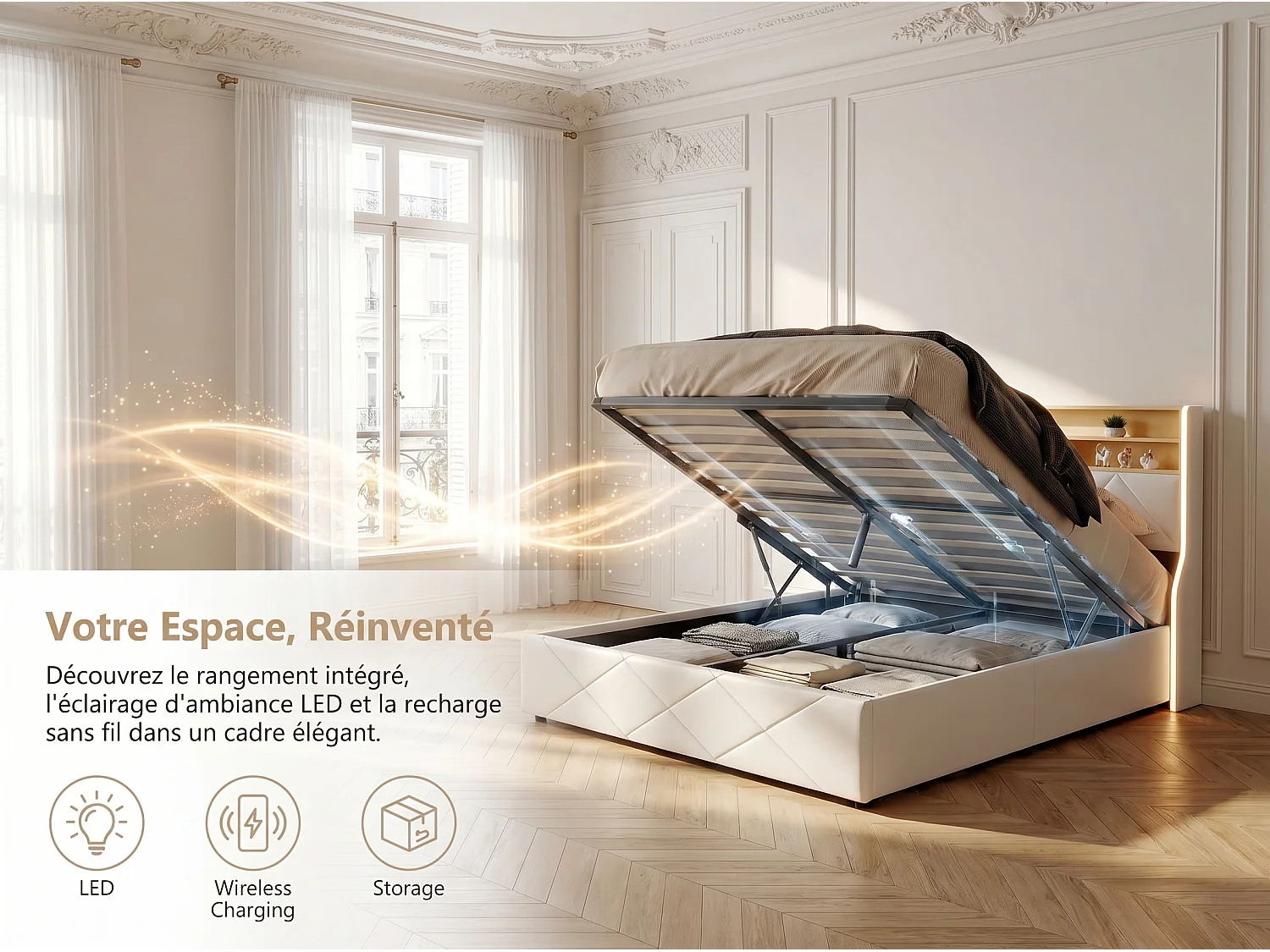 Lit coffre avec LED et USB, lit rembourré cuir, tête de lit avec rangement, design moderne, 140x200 / 160x200