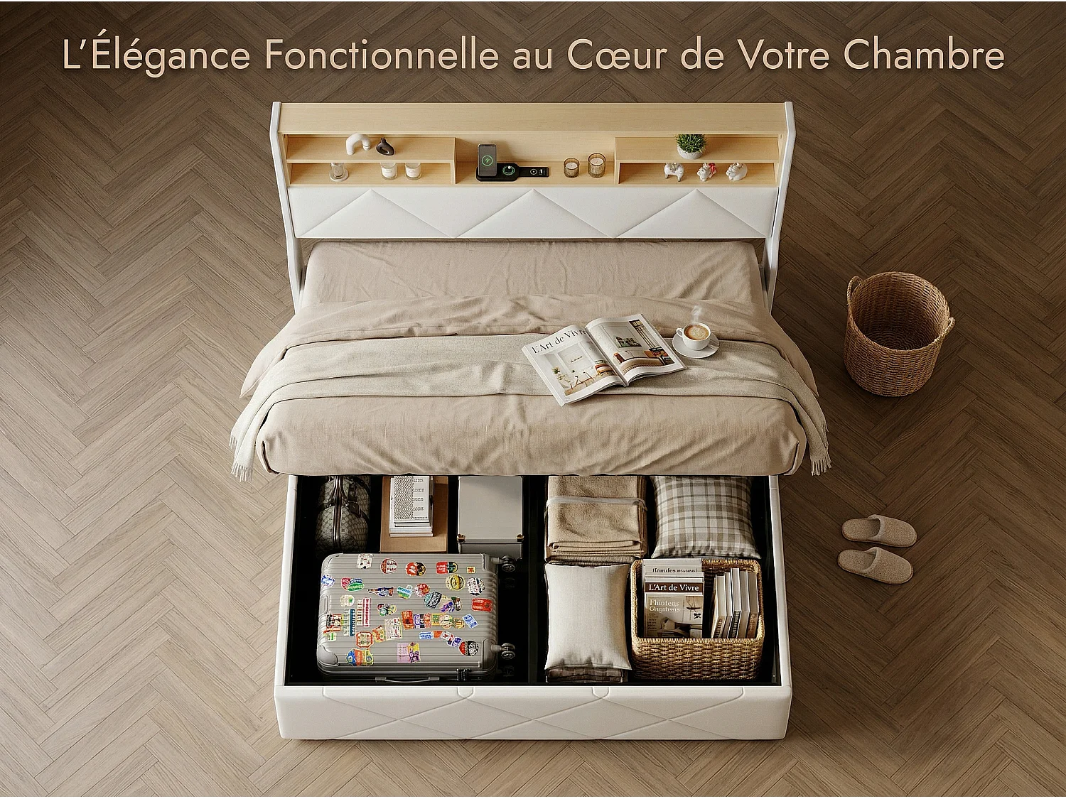 Lit coffre avec LED et USB, lit rembourré cuir, tête de lit avec rangement, design moderne, 140x200 / 160x200