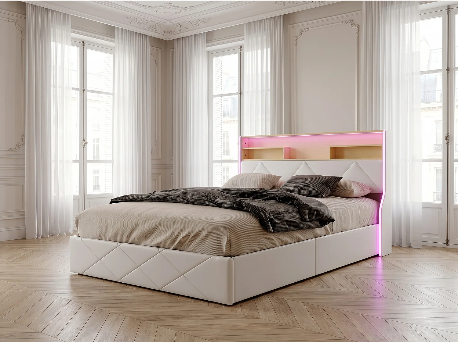 Lit coffre avec LED et USB, lit rembourré cuir, tête de lit avec rangement, design moderne, 140x200 / 160x200
