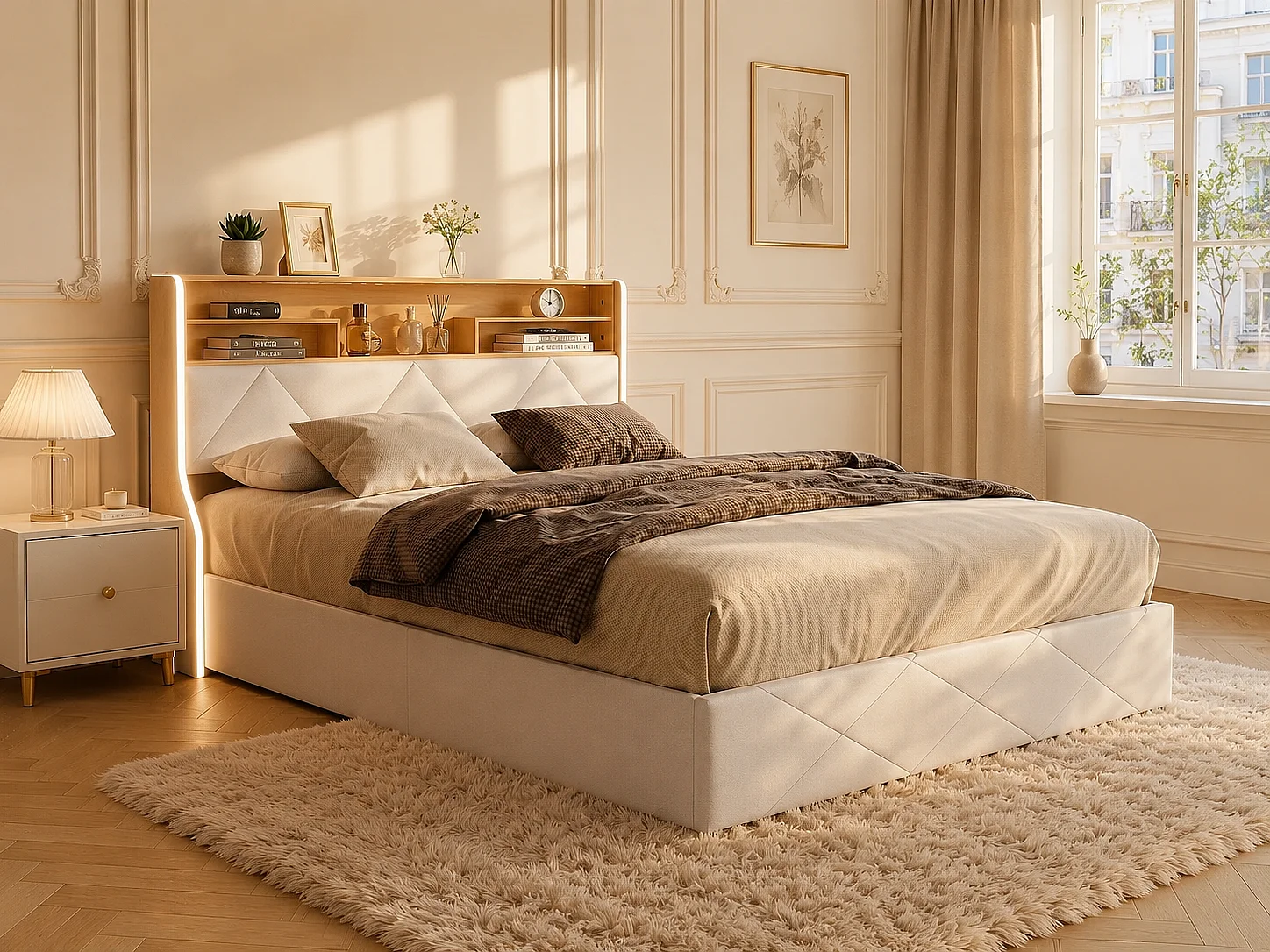 Lit coffre160x200 - avec LED et USB, lit rembourré cuir, tête de lit avec rangement, design moderne