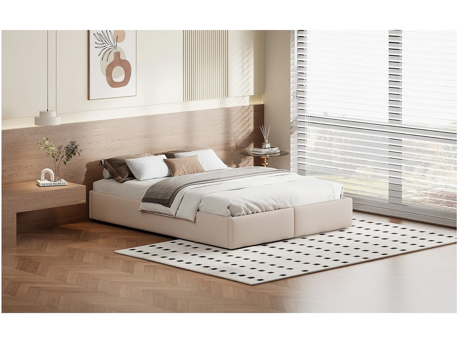 Lit coffre avec tiroirs - 140x200cm - avec rangement hydraulique et sommier à lattes - Beige