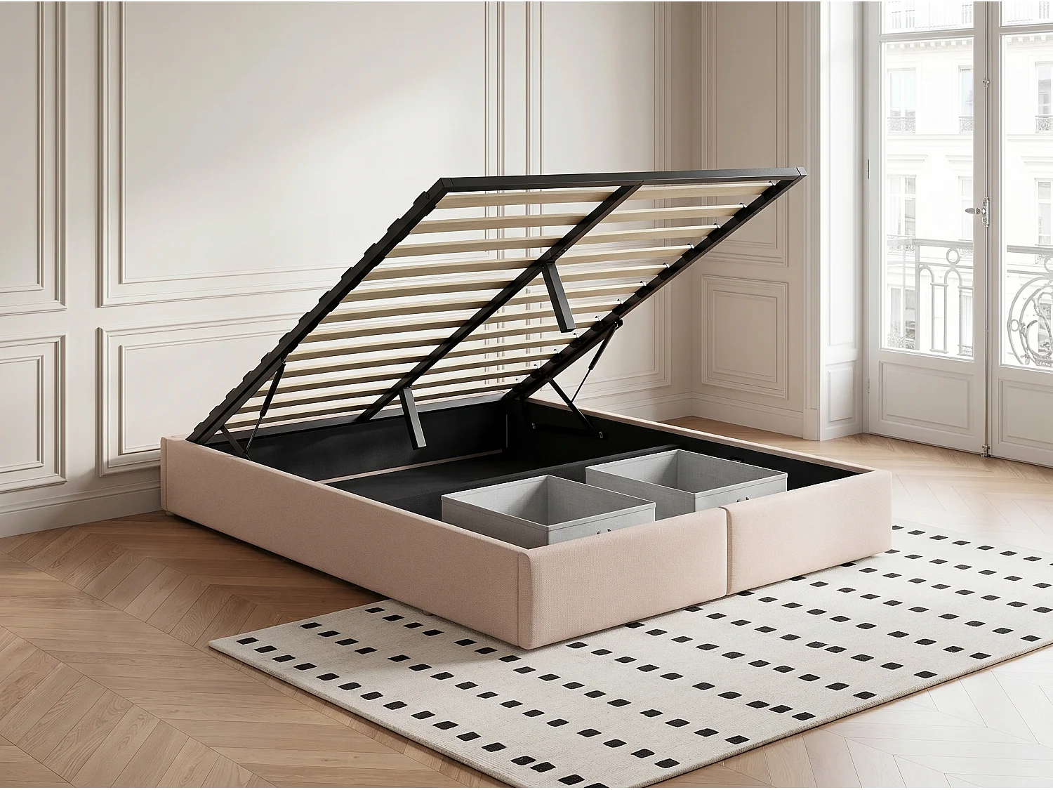 Lit coffre avec tiroirs - 140x200cm - avec rangement hydraulique et sommier à lattes - Beige