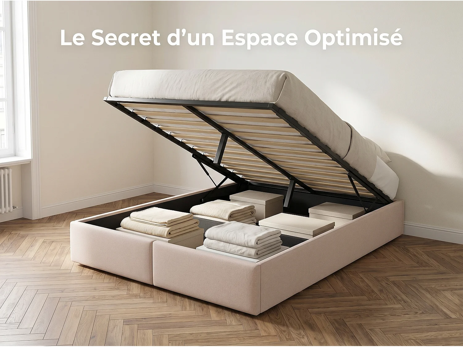 Lit coffre avec tiroirs - 140x200cm - avec rangement hydraulique et sommier à lattes - Beige