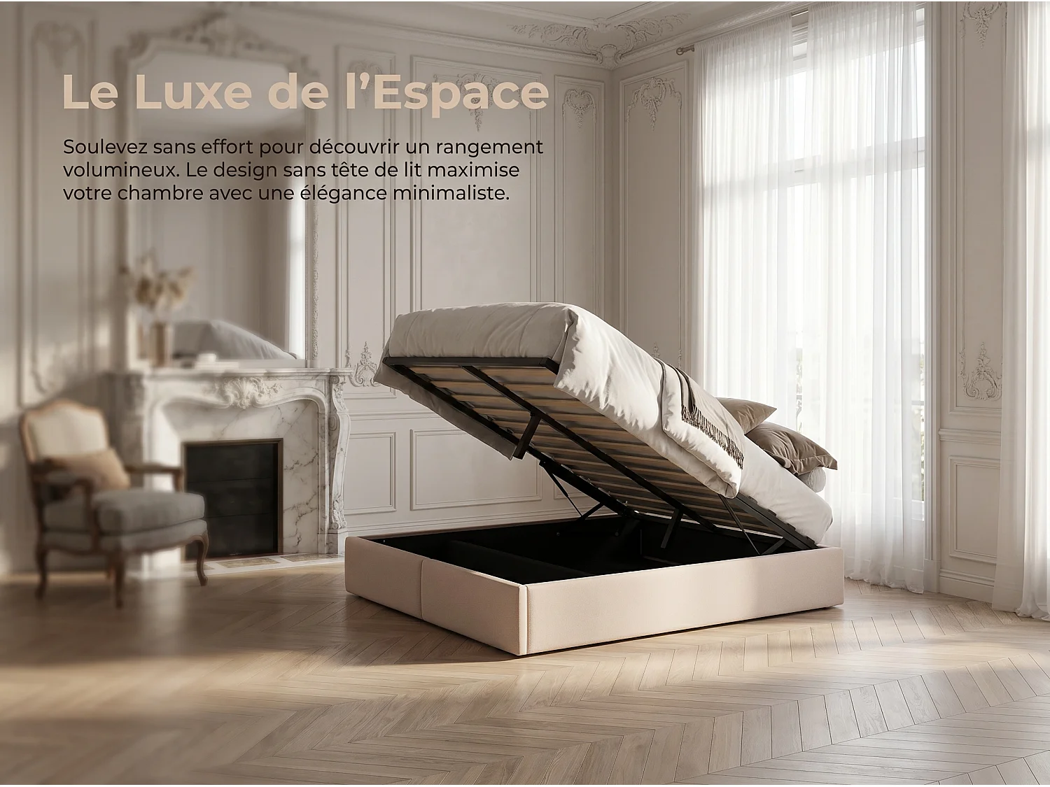Lit coffre avec tiroirs - 140x200cm - avec rangement hydraulique et sommier à lattes - Beige