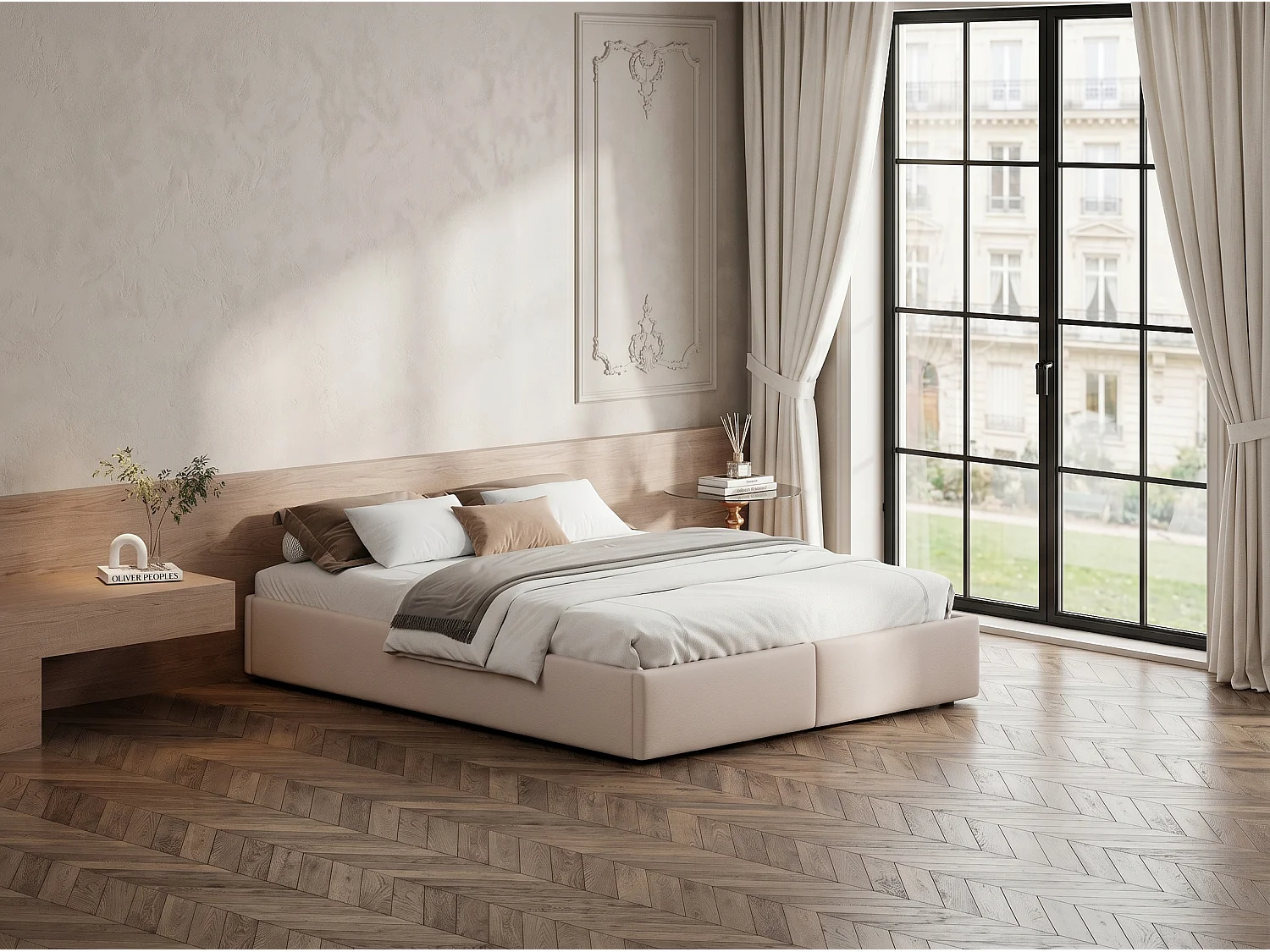 Lit coffre avec tiroirs - 140x200cm - avec rangement hydraulique et sommier à lattes - Beige