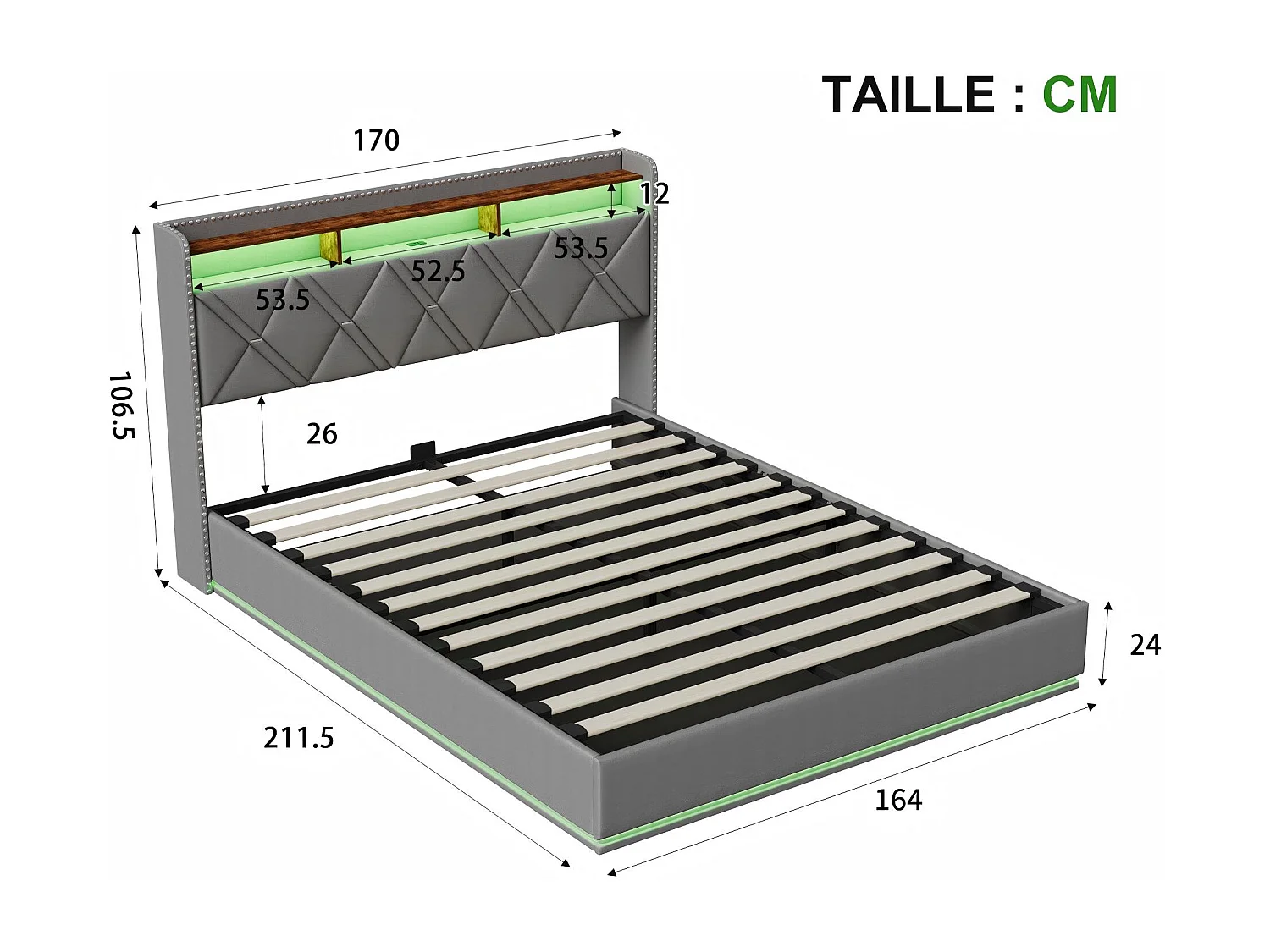Lit coffre 160x200 cm - LED intégrée et rangement - Tête de lit avec étagères - Sommier relevable - Design moderne