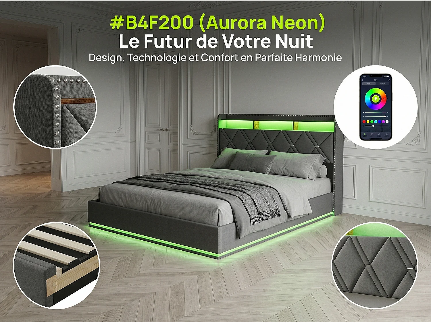 Lit coffre 160x200 cm - LED intégrée et rangement - Tête de lit avec étagères - Sommier relevable - Design moderne