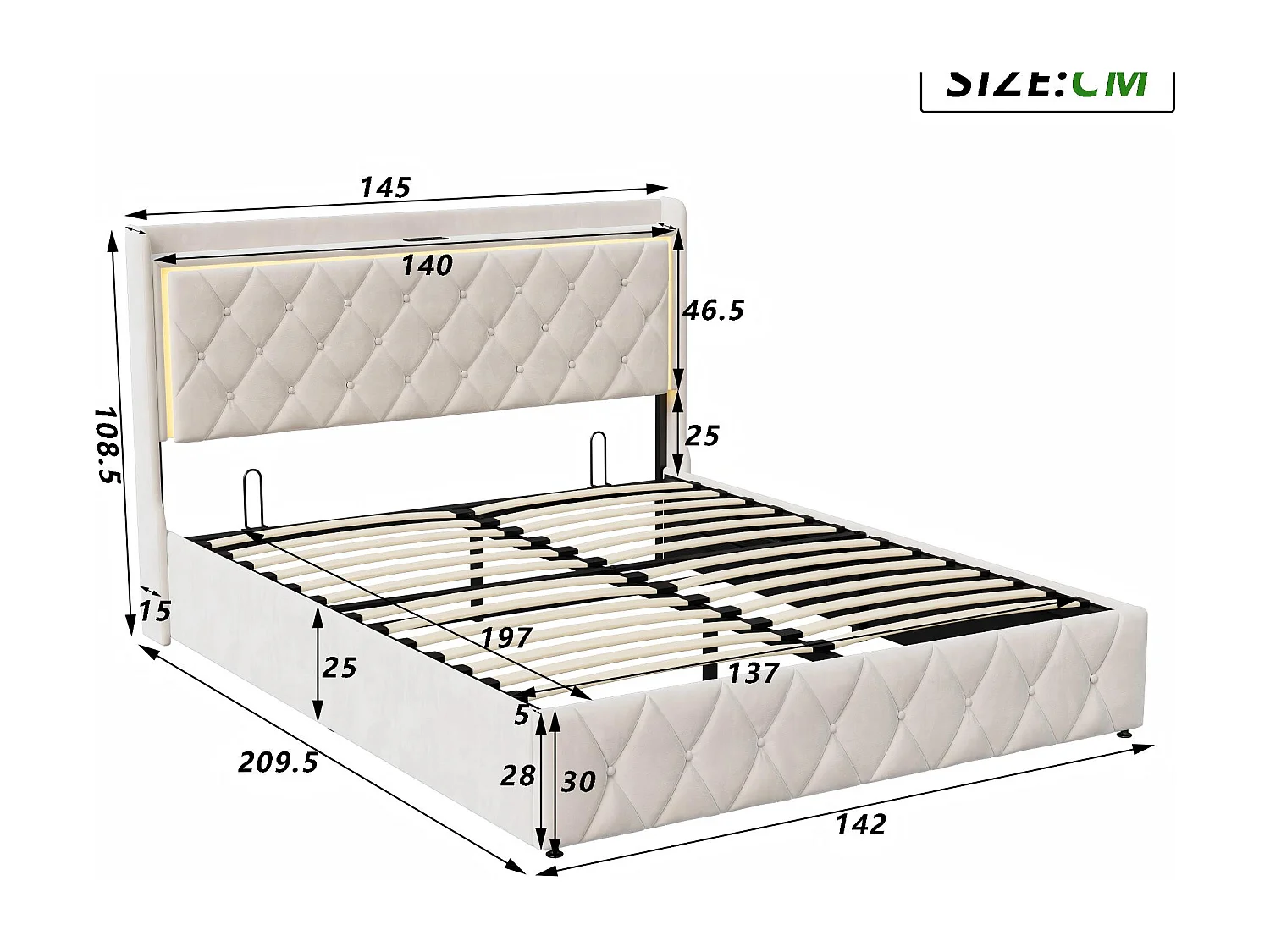 Lit coffre 140x200 avec LED et USB, lit double avec tête de lit rangement, lit en velours avec sommier