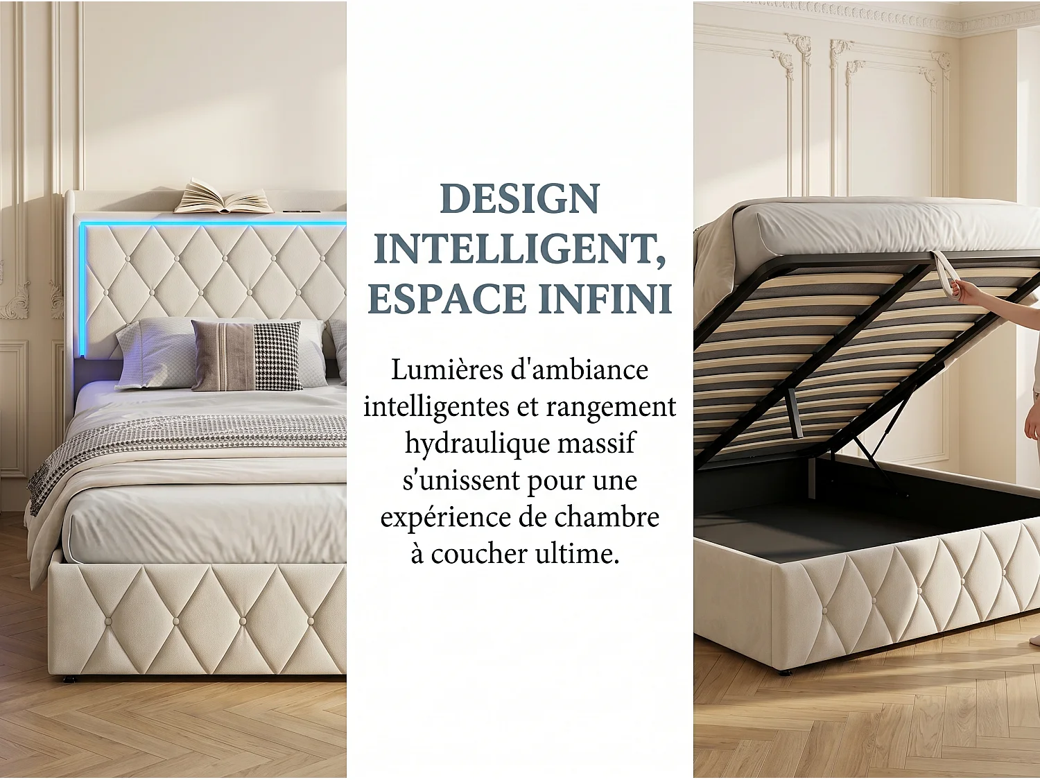 Lit coffre rembourré 140x200 cm - LED intégrée et port USB - Tête de lit avec rangement - Velours - Sommier inclus