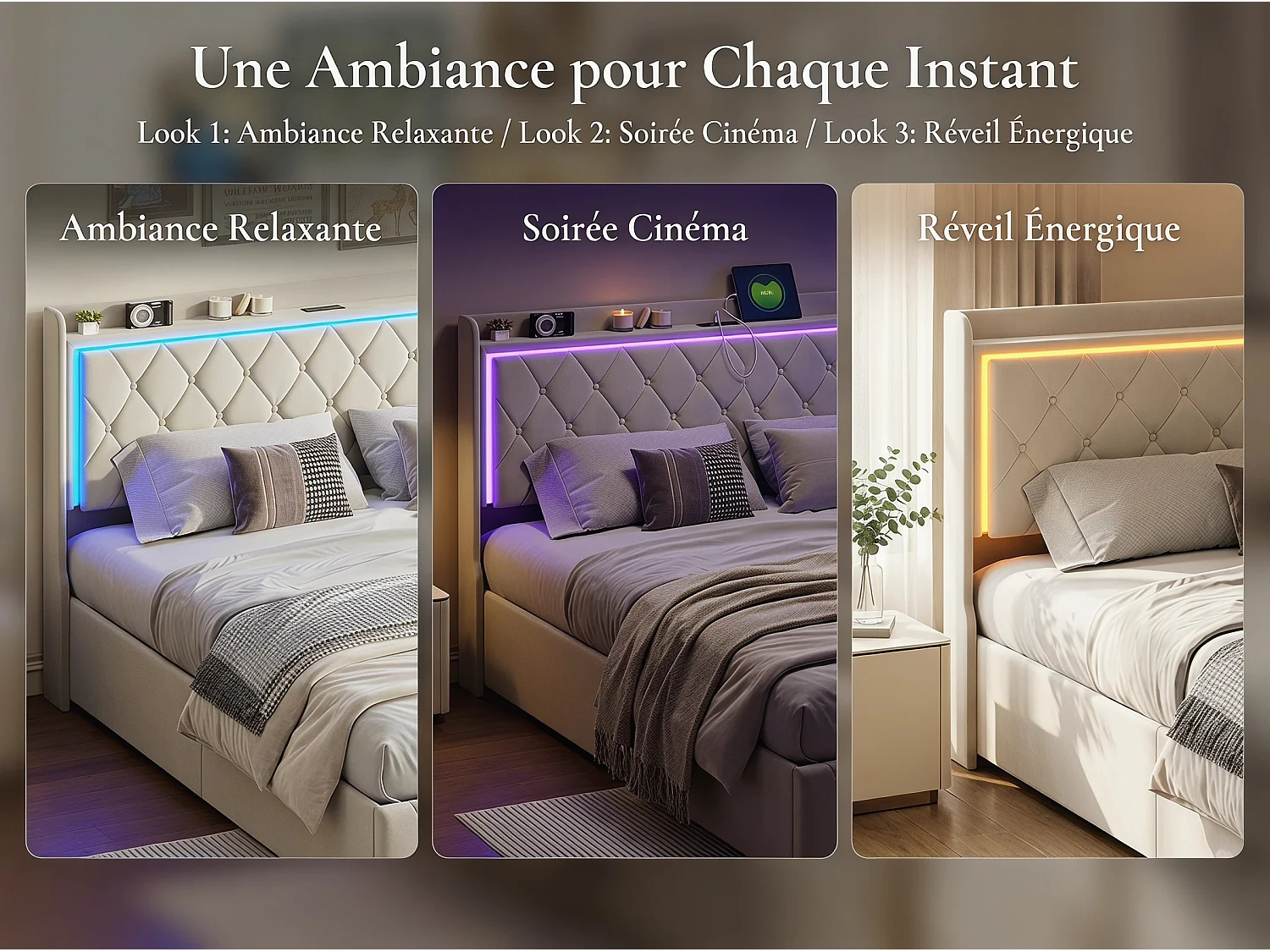 Lit coffre rembourré 140x200 cm - LED intégrée et port USB - Tête de lit avec rangement - Velours - Sommier inclus