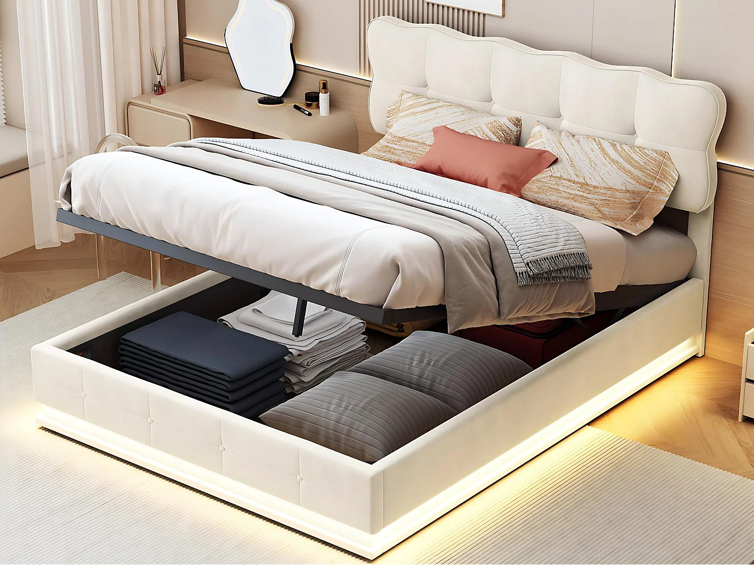 Lit coffre 140x190 cm avec LED RGB, lit capitonné velours beige, sommier relevable, grand rangement, design moderne