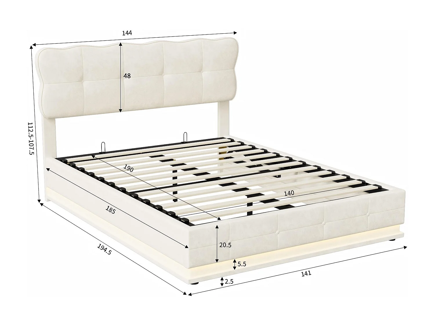 Lit coffre 140x190 cm avec LED RGB, lit capitonné velours beige, sommier relevable, grand rangement, design moderne