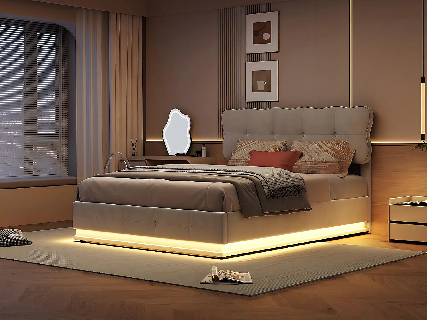 Lit coffre 140x190 cm avec LED RGB, lit capitonné velours beige, sommier relevable, grand rangement, design moderne