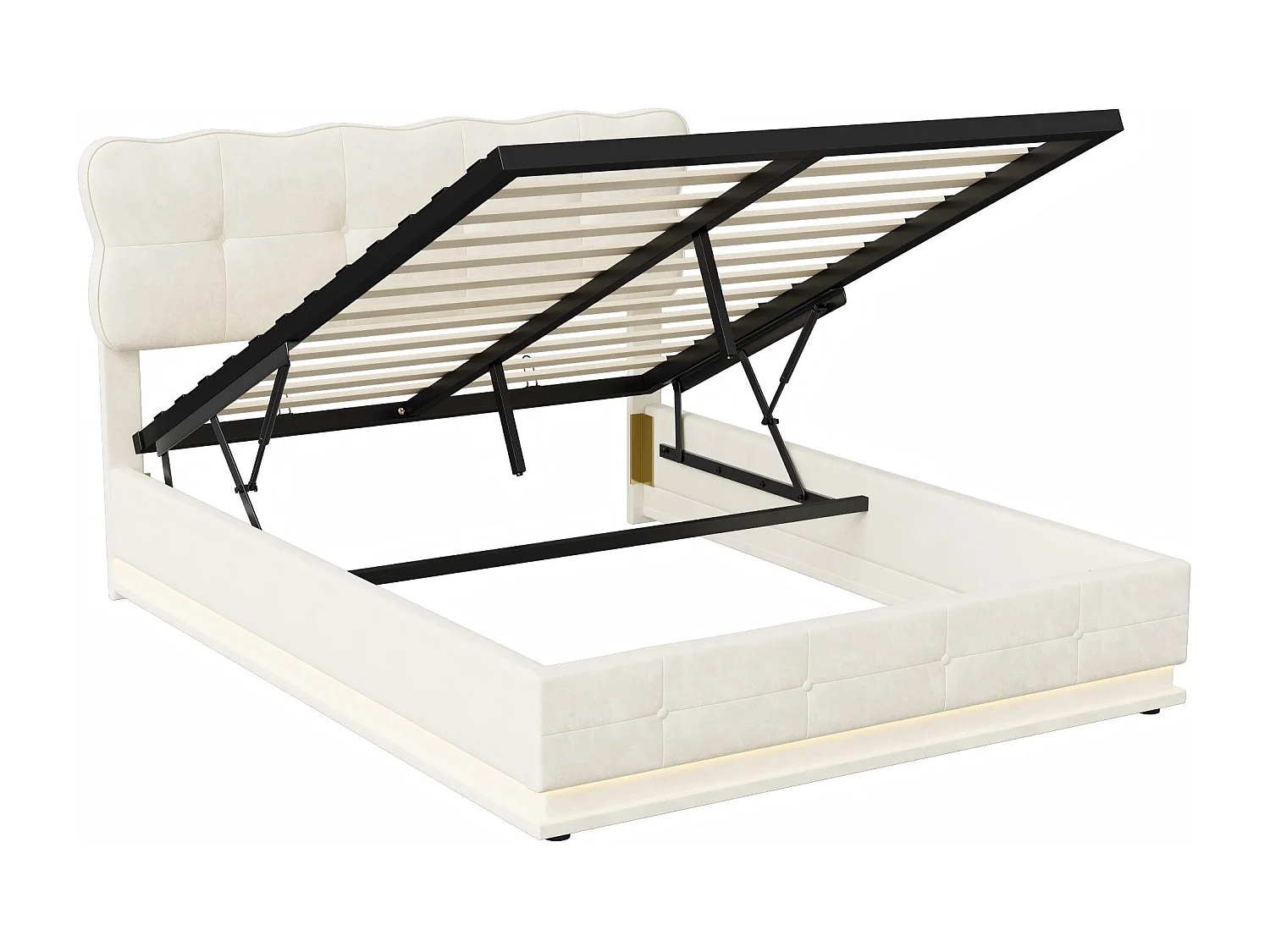 Lit coffre 140x190 cm avec LED RGB, lit capitonné velours beige, sommier relevable, grand rangement, design moderne